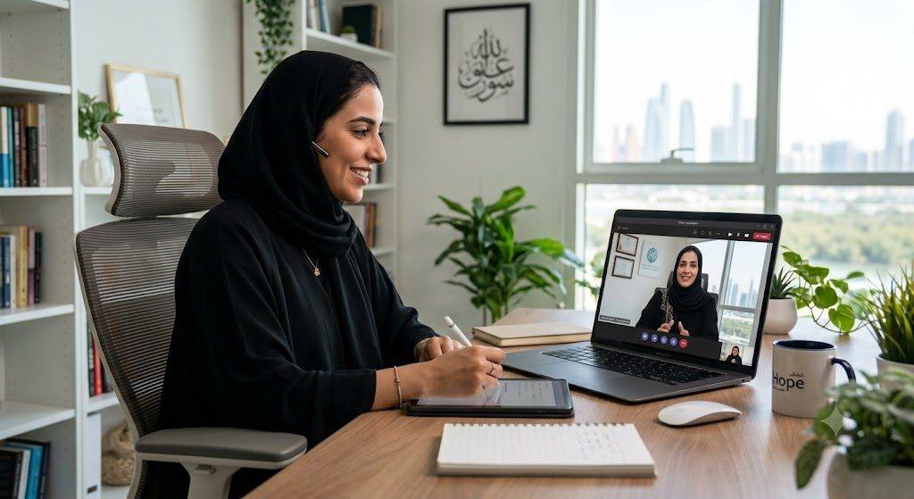 موظفة في مكتبها تراجع إنجازاتها